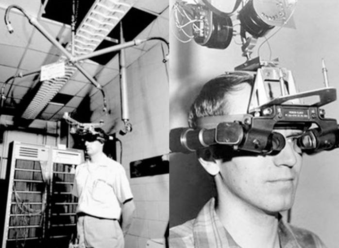 Ivan Sutherland com o primeiro óculos de realidade virtual criado
